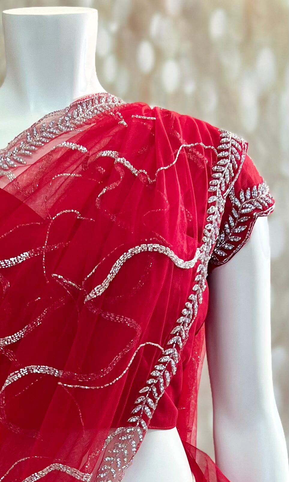 Red lehenga saree in crepe & net base with Stitched Blouse Swift Saree