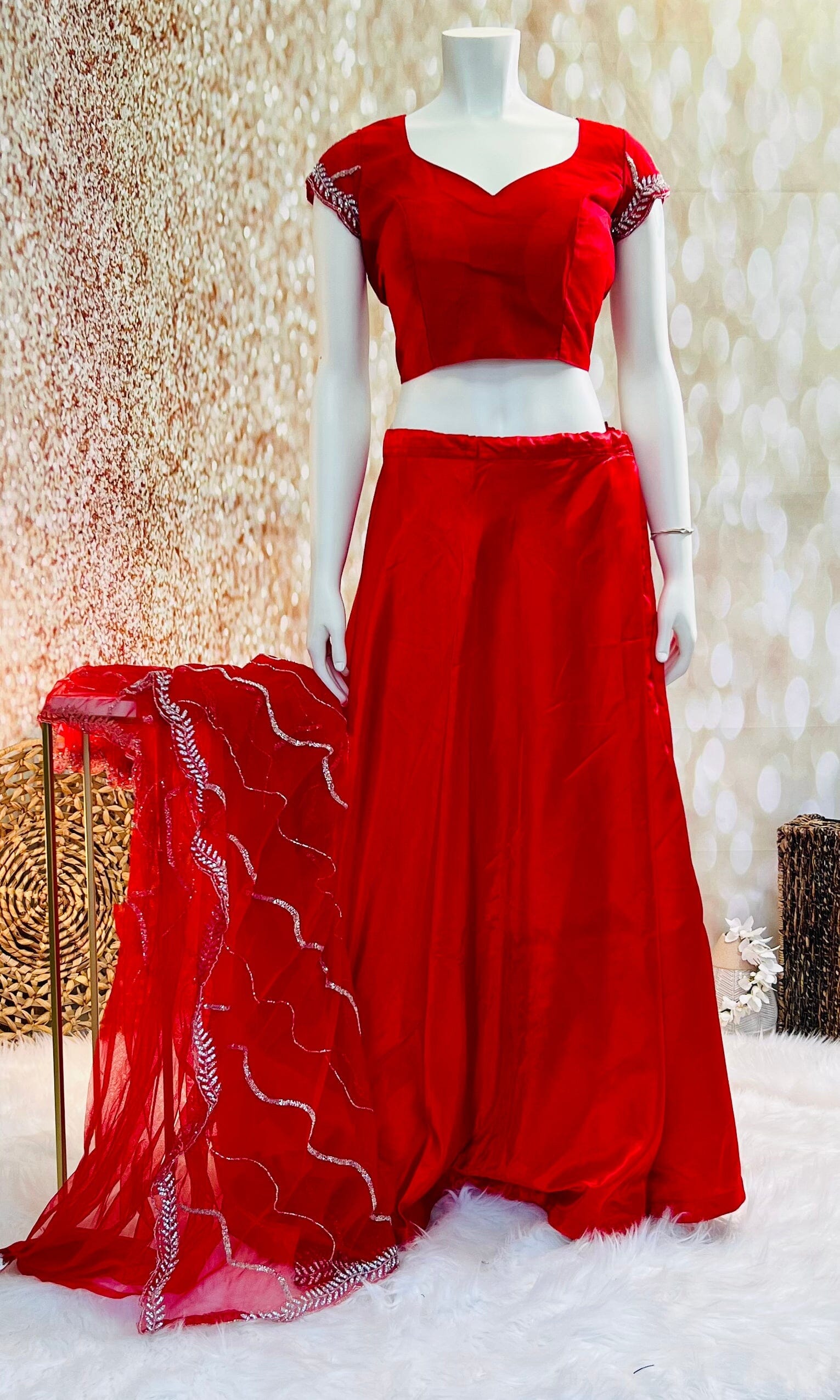 Red lehenga saree in crepe & net base with Stitched Blouse Swift Saree