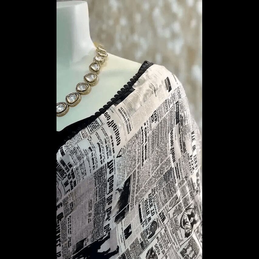 Trendy Digital Newspaper Print Saree With Contrast Red Blouses Swift Saree