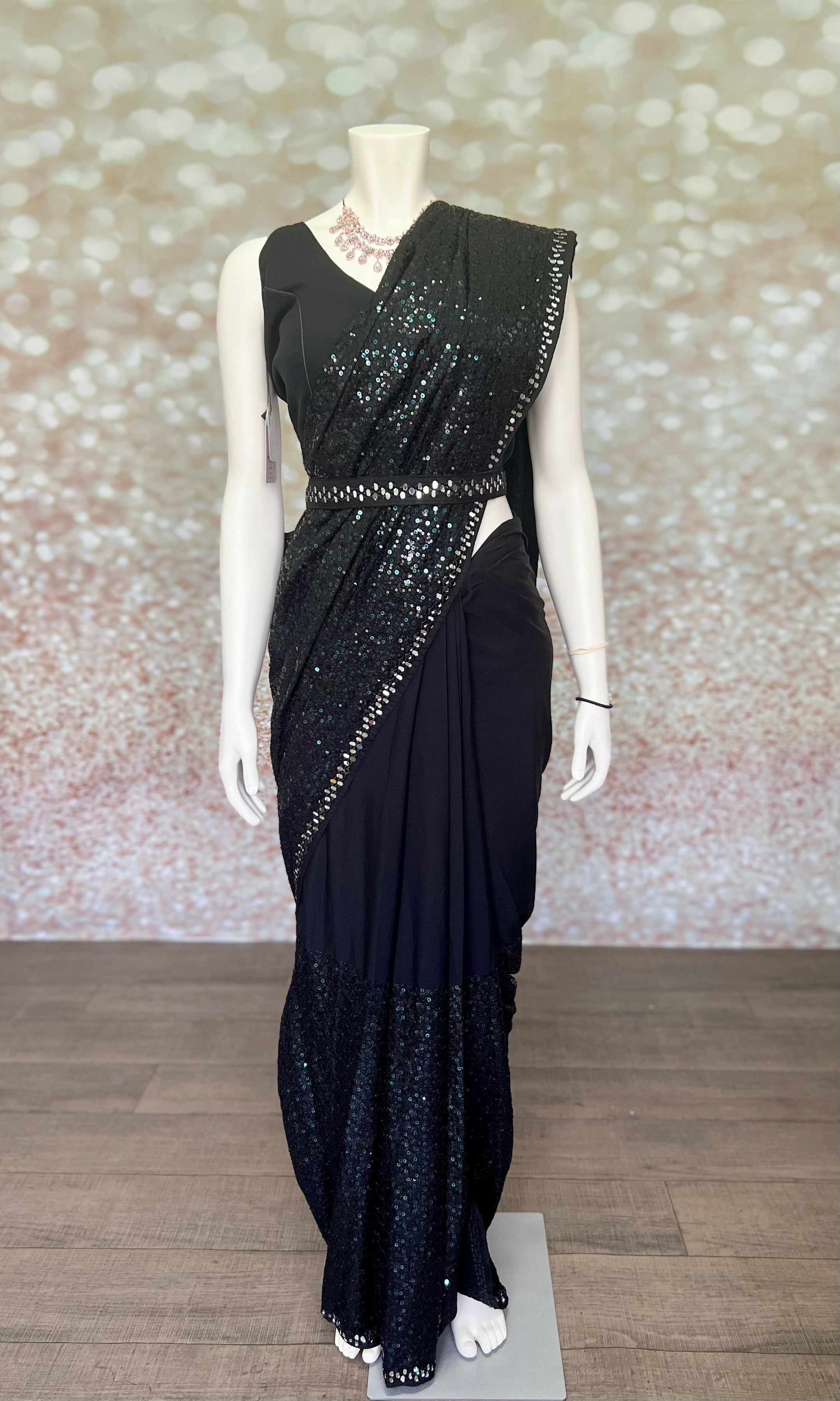 Black Sequins Georgette Pre-stitched Saree With Designer Blouse Swift Saree