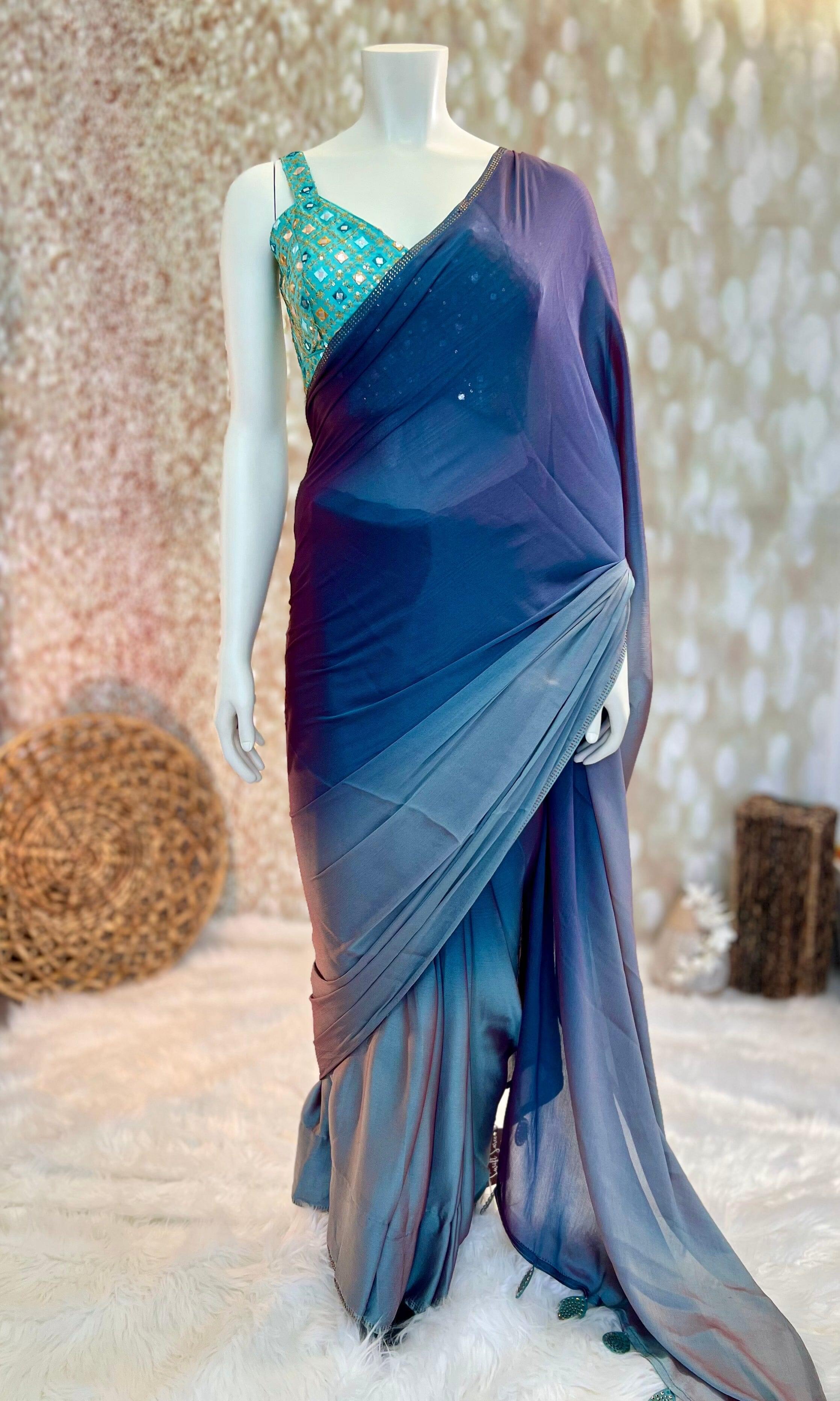 Blue Chiffon Shaded Saree with Stitched Blouse Swift Saree