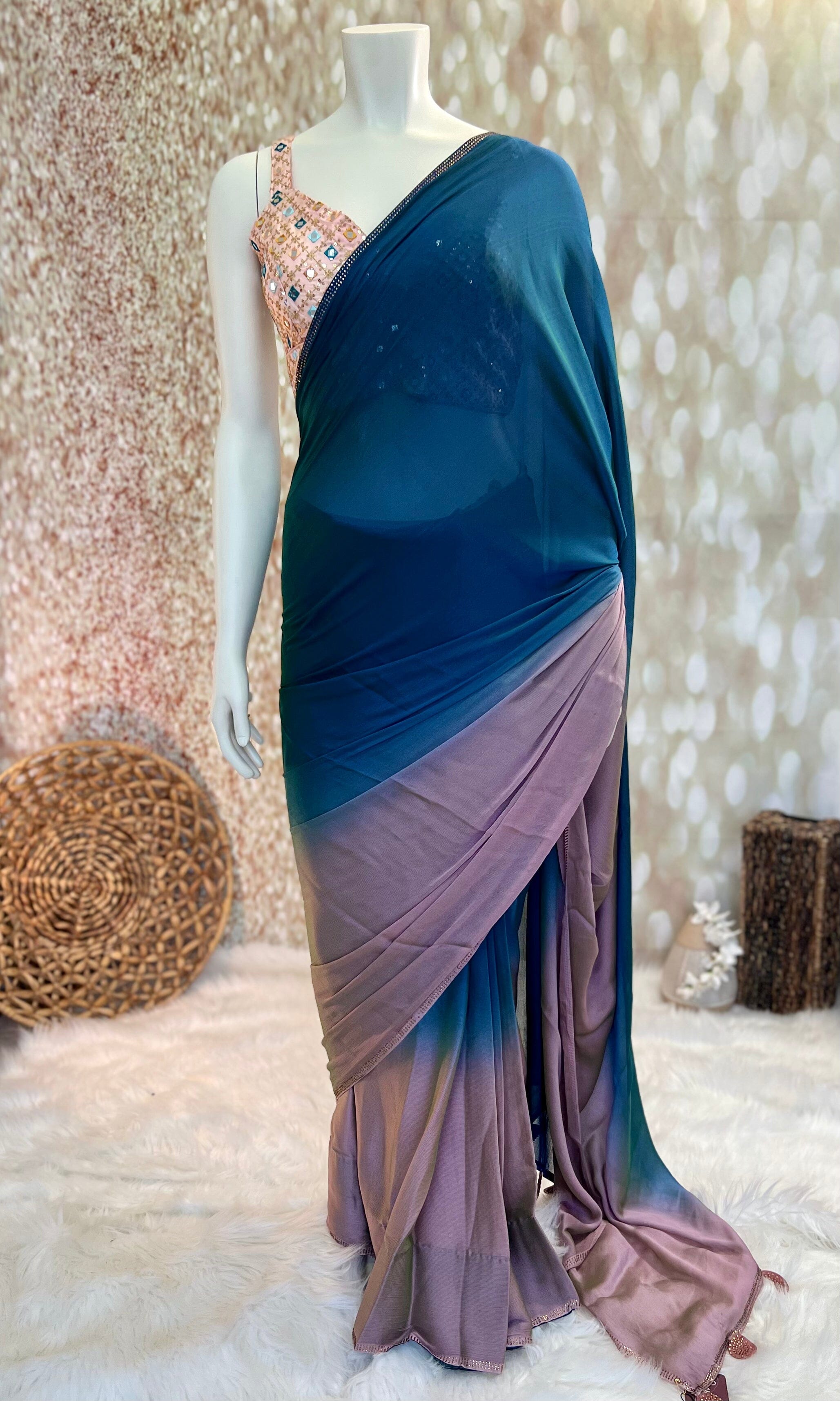 Blue Shaded Chiffon Saree with Perfectly Designed Blouse Swift Saree
