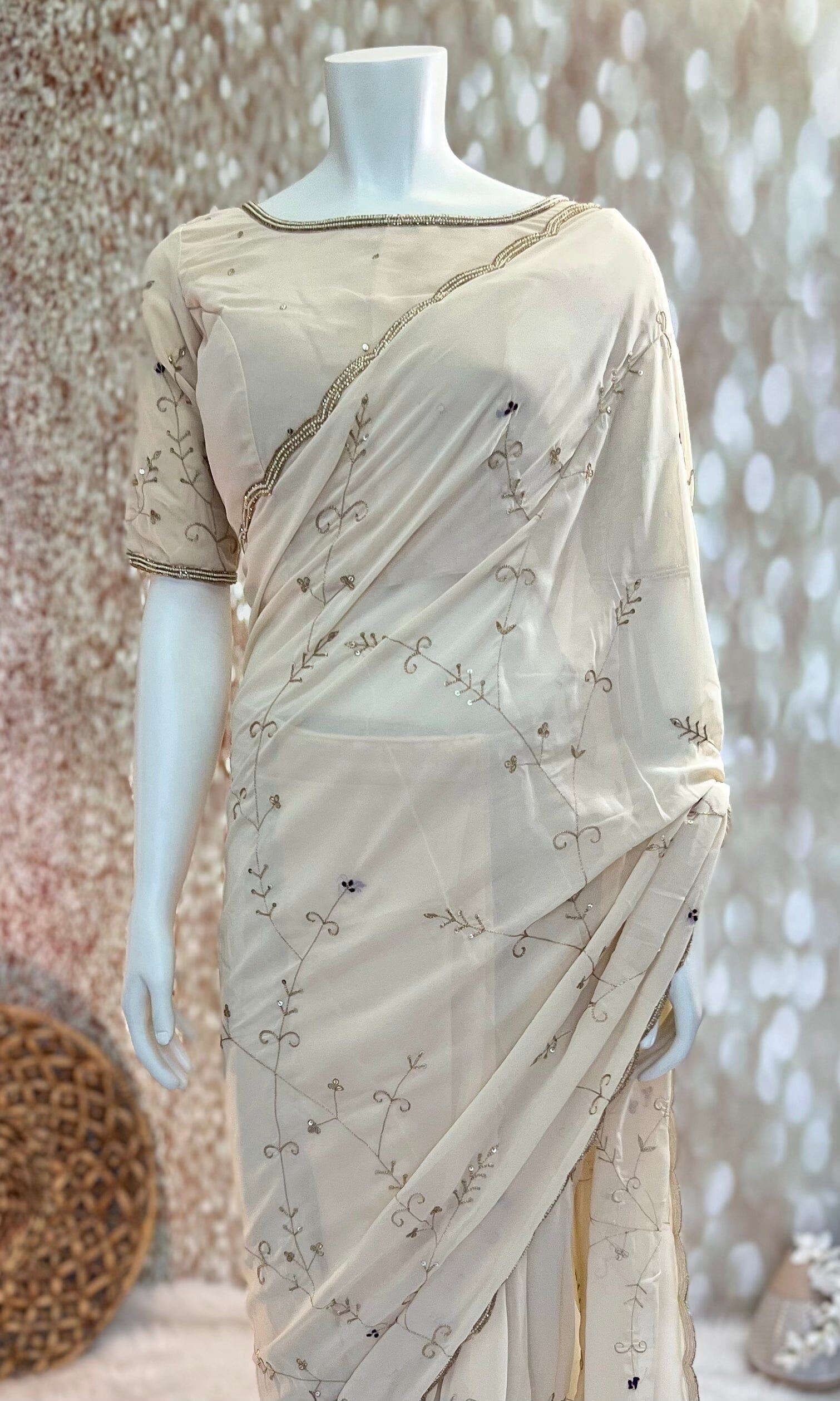 Cream Jaal Work Georgette Saree With Stitched Blouse Swift Saree