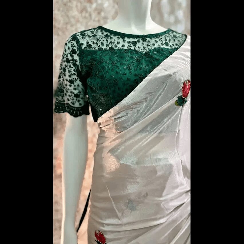 Cream Ready-to-wear Saree with Contrast Stitched Blouse Swift Saree