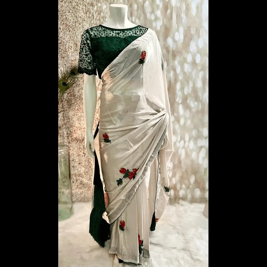 Cream Ready-to-wear Saree with Contrast Stitched Blouse Swift Saree