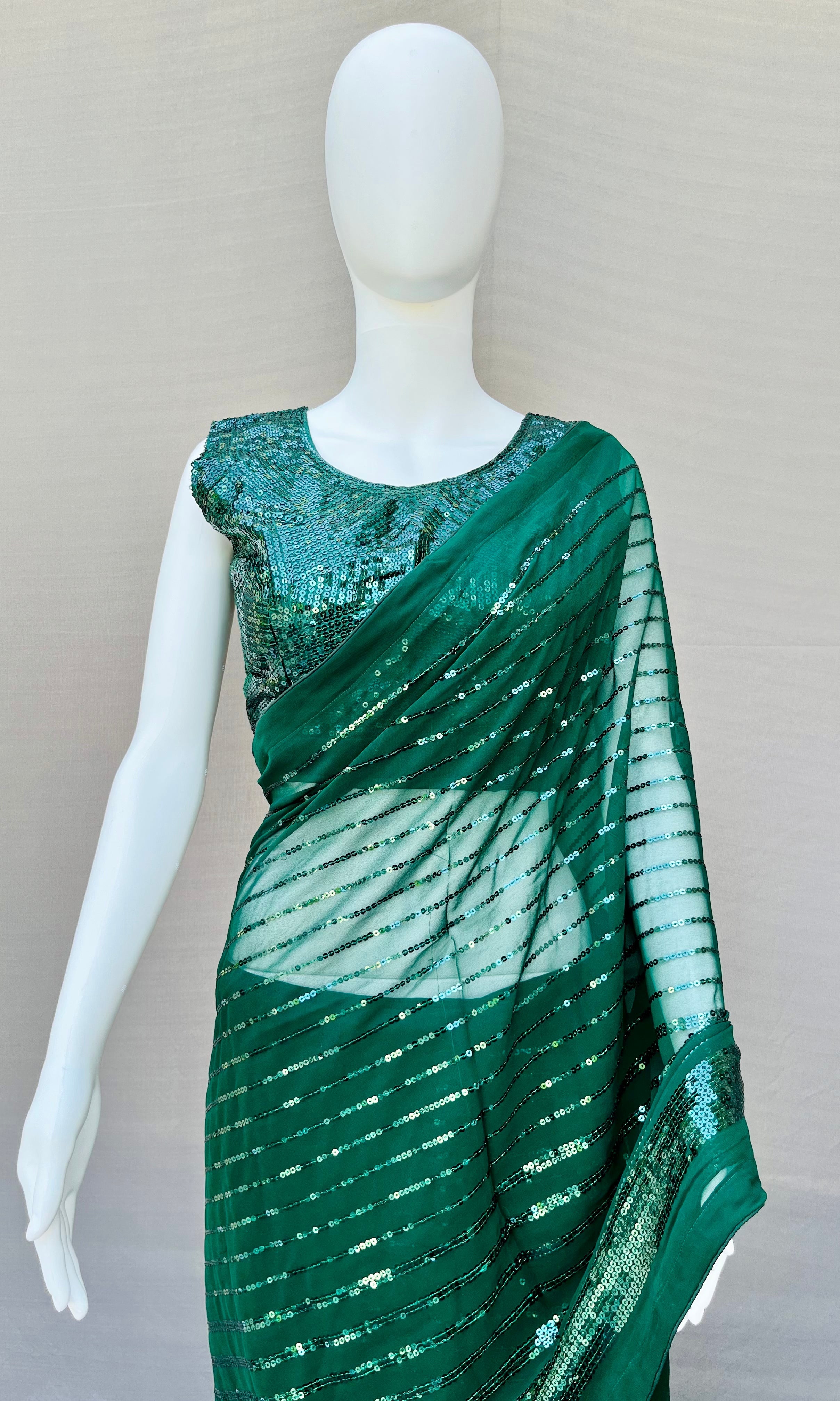 Green Sequins Ready-to-wear Saree Georgette Saree with Blouse Swift Saree