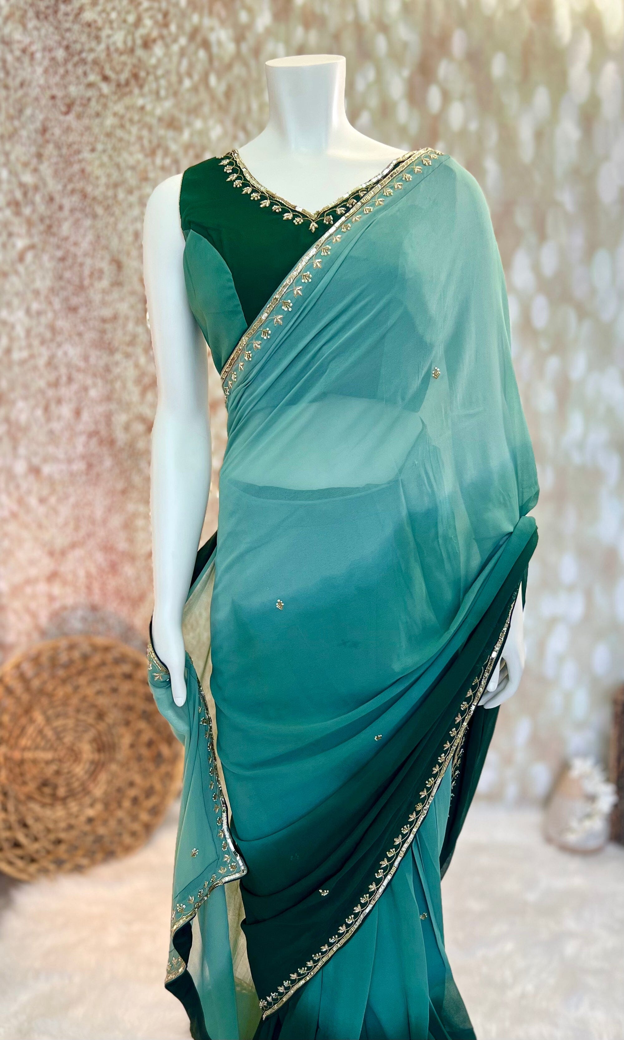 Green Shaded Georgette Saree with Stitched Blouse Swift Saree