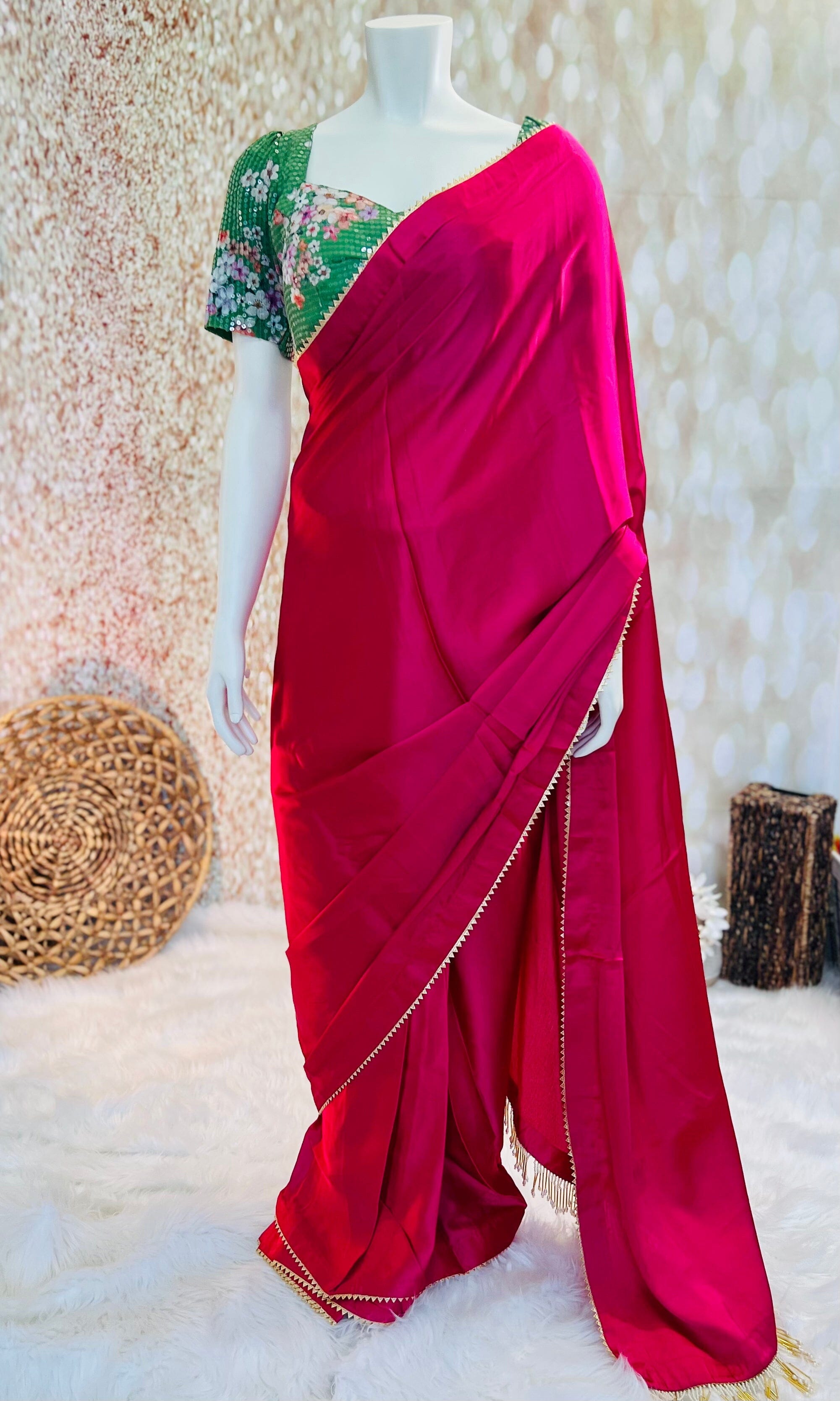 Hot Pink Pre-Pleated Saree and designer stitched blouse Swift Saree