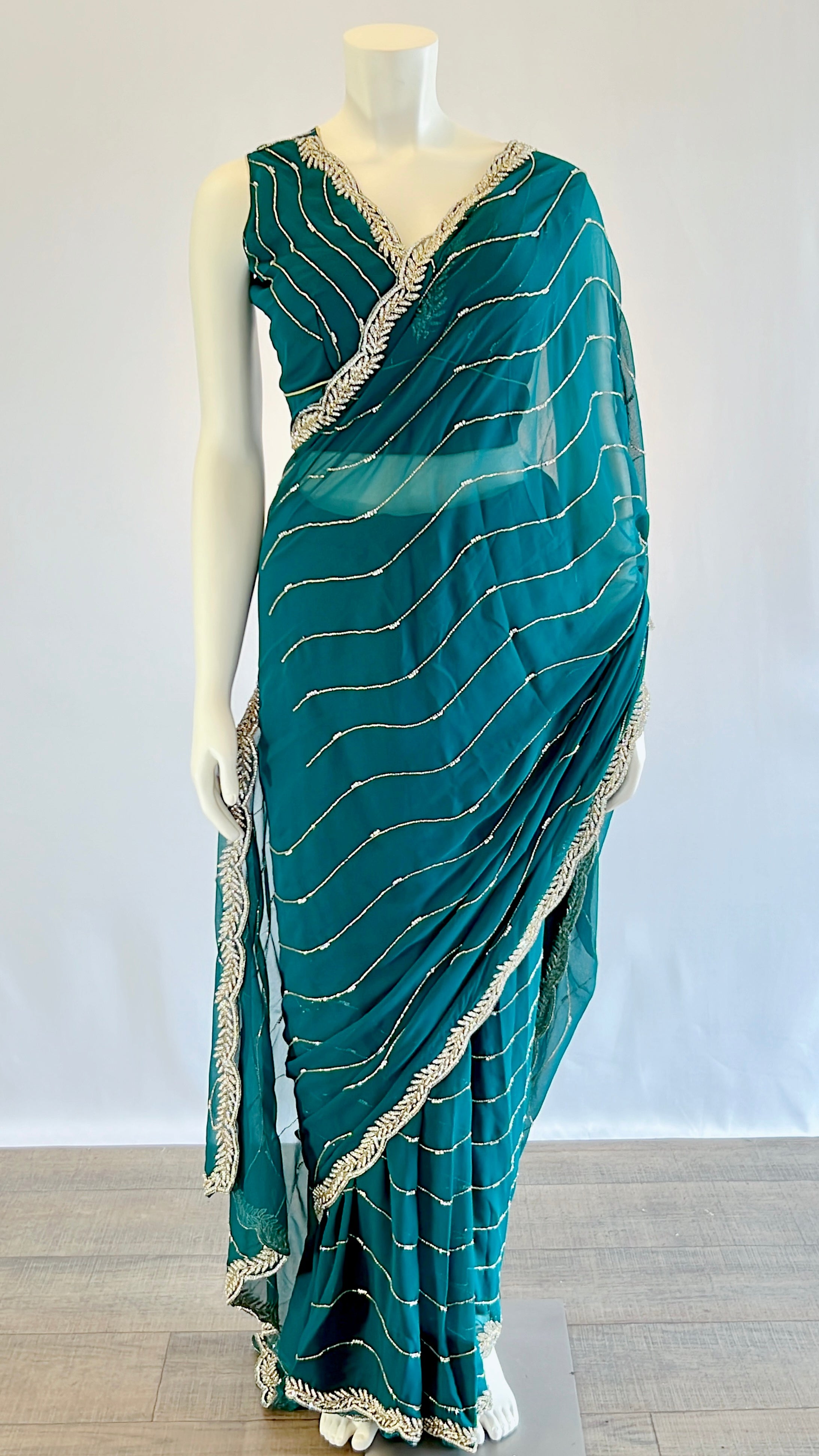 Teal Georgette Ready-to-Wear Saree with Stitched Blouse - Effortless Style and Elegance | Shop Now