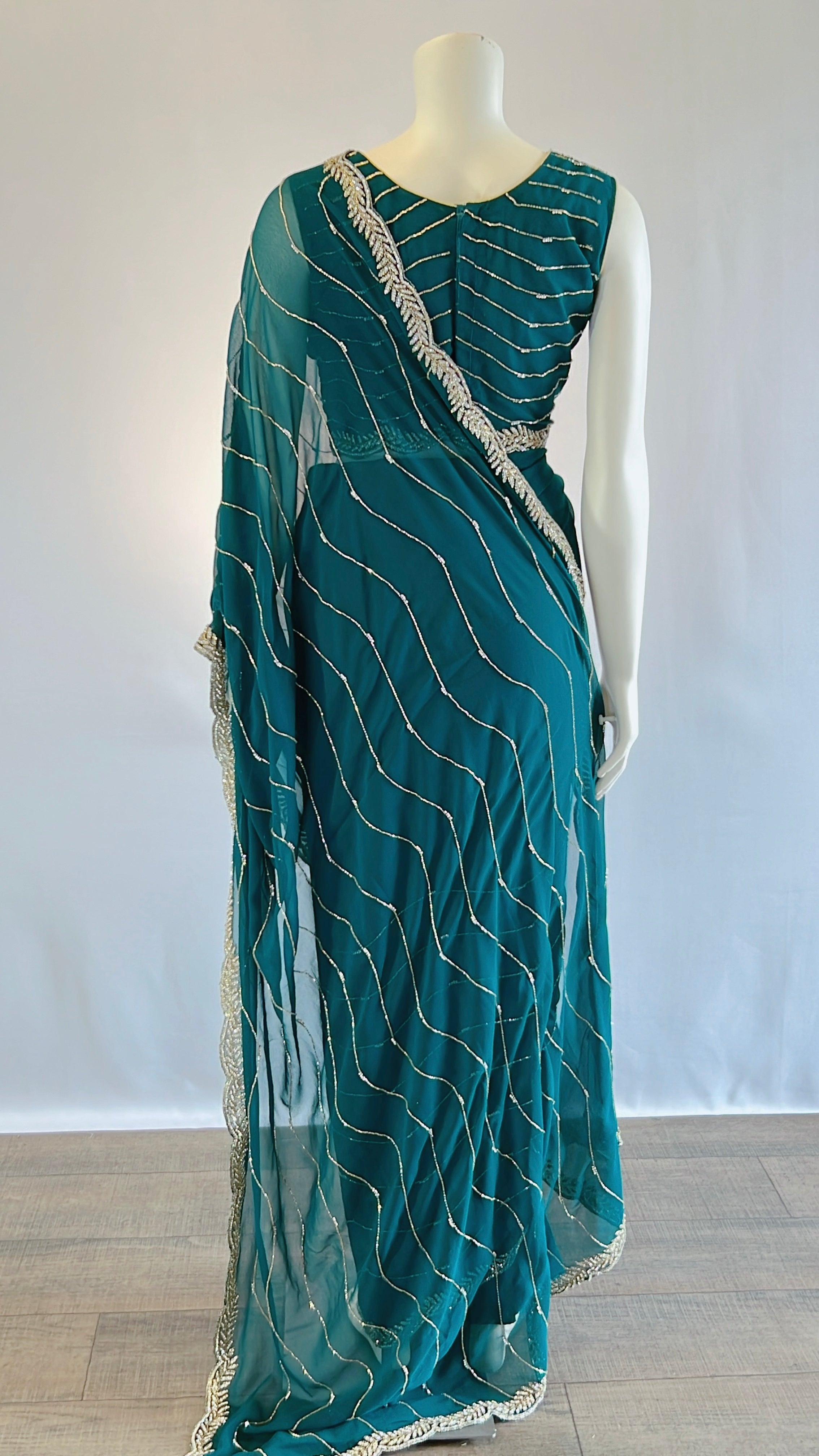Teal Georgette Ready-to-Wear Saree with Stitched Blouse - Effortless Style and Elegance | Shop Now