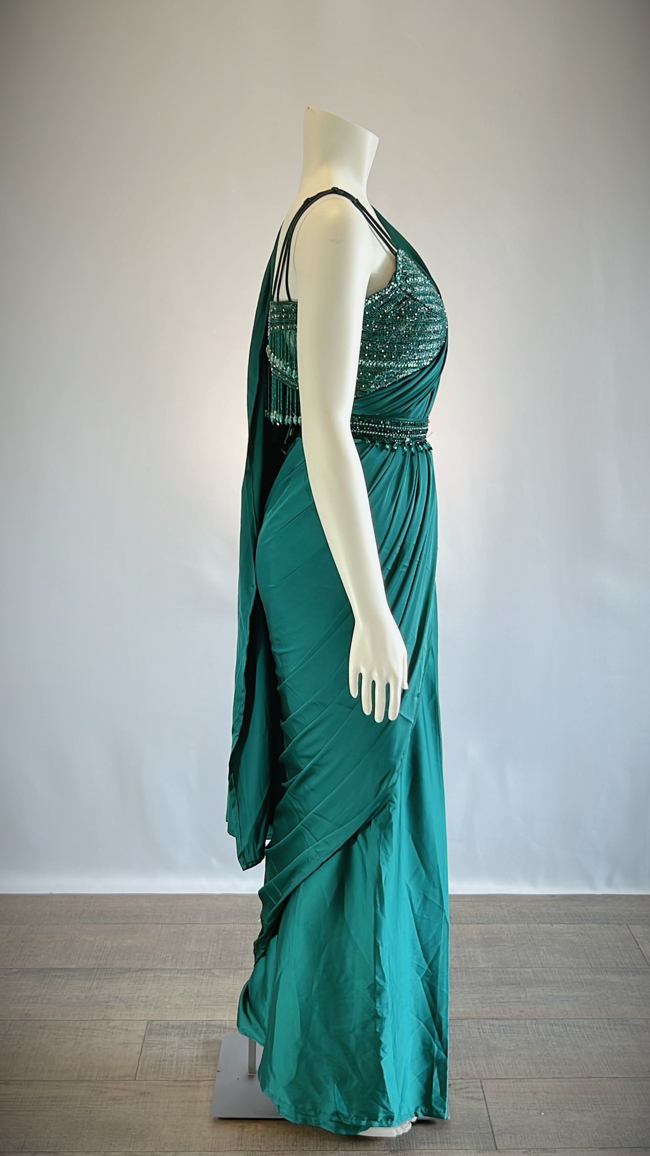 Tasuvure Indies Metallic Pre-draped Saree Gown | Silver, Plain, Pleated,  Round, Sleeveless | Saree gown, Draped saree gown, Drape saree