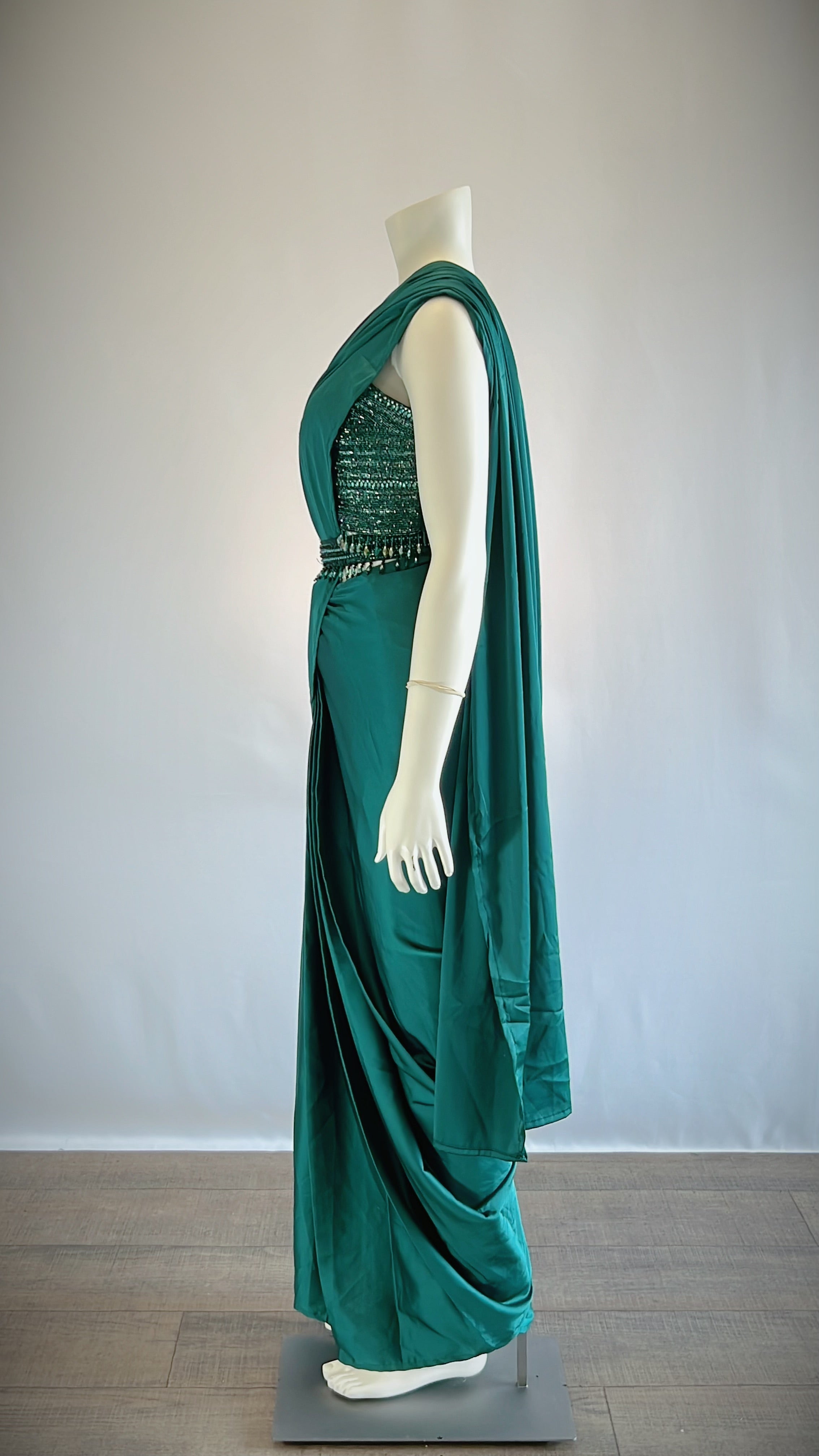 Stunning Teal Satin Silk Pre-Draped Saree with Designer Blouse - Exquisite Elegance for Fashionable Women | Shop Now