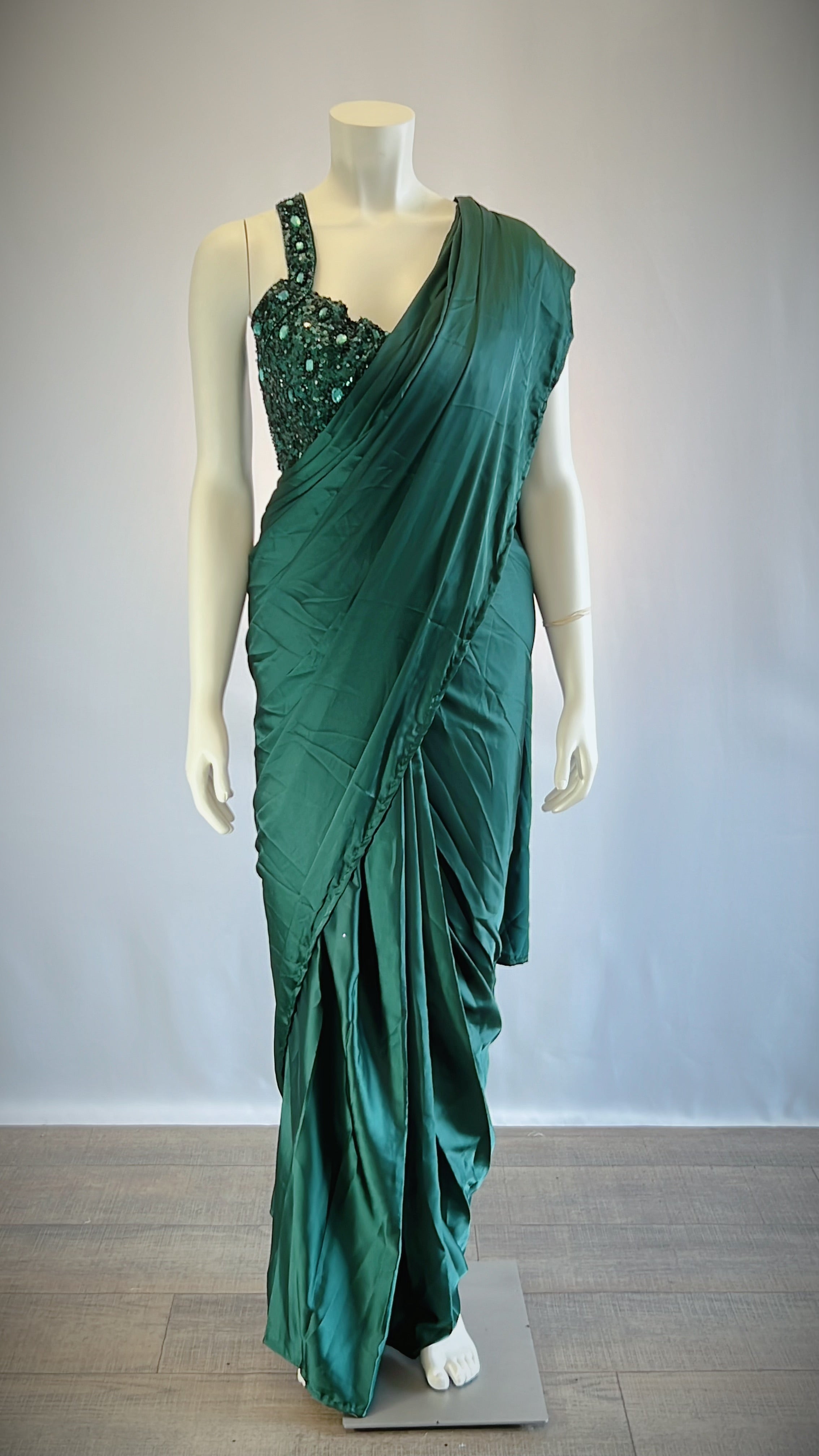 Teal Satin Silk Pre-Draped Saree with Designer Blouse - Elegant and Stylish | Shop Now for Exquisite Fashion