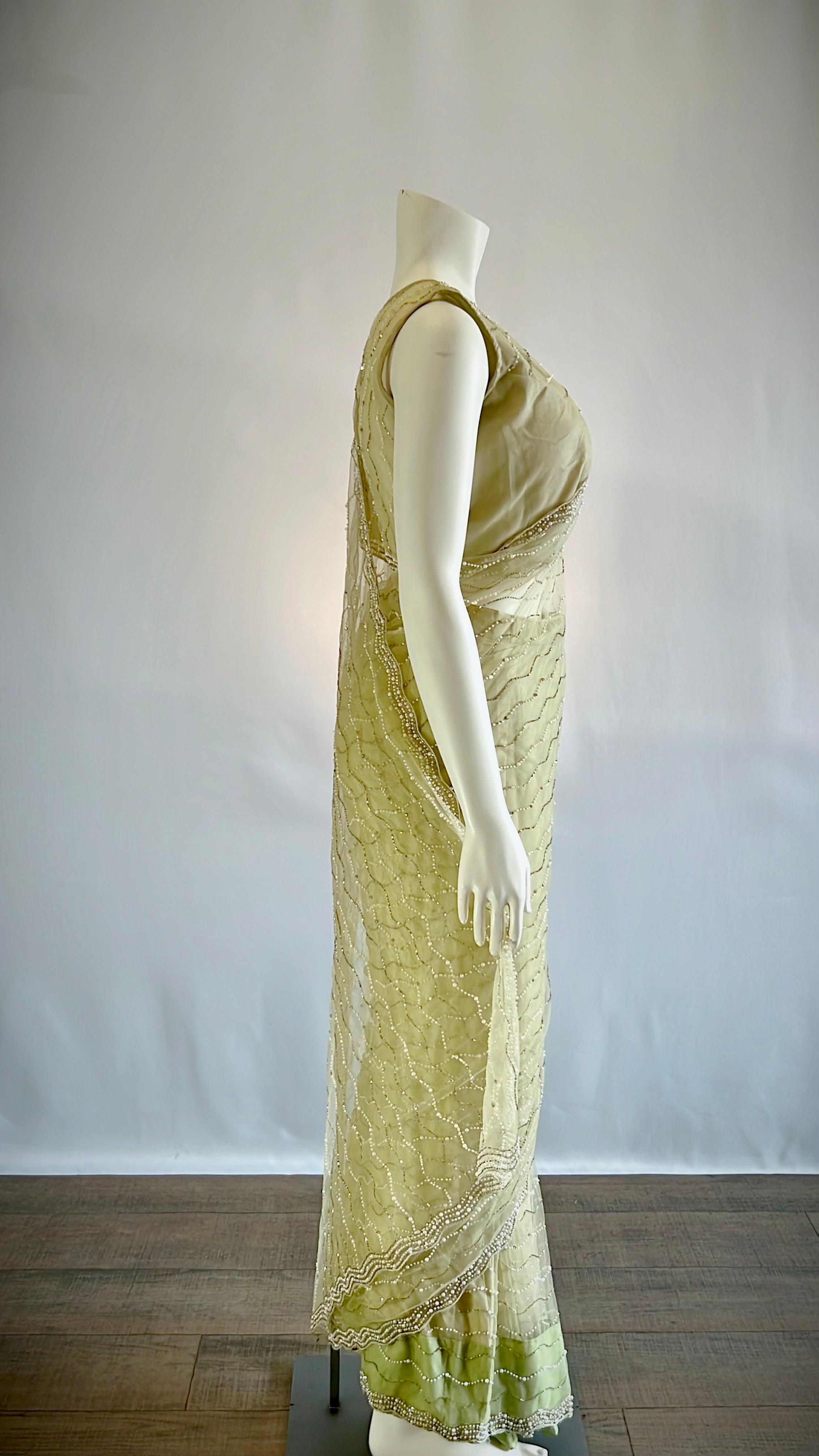 Enchanting Pistachio Green Net Ready-Pleated Saree with Stitched Blouse - Effortless Elegance for Stylish Women