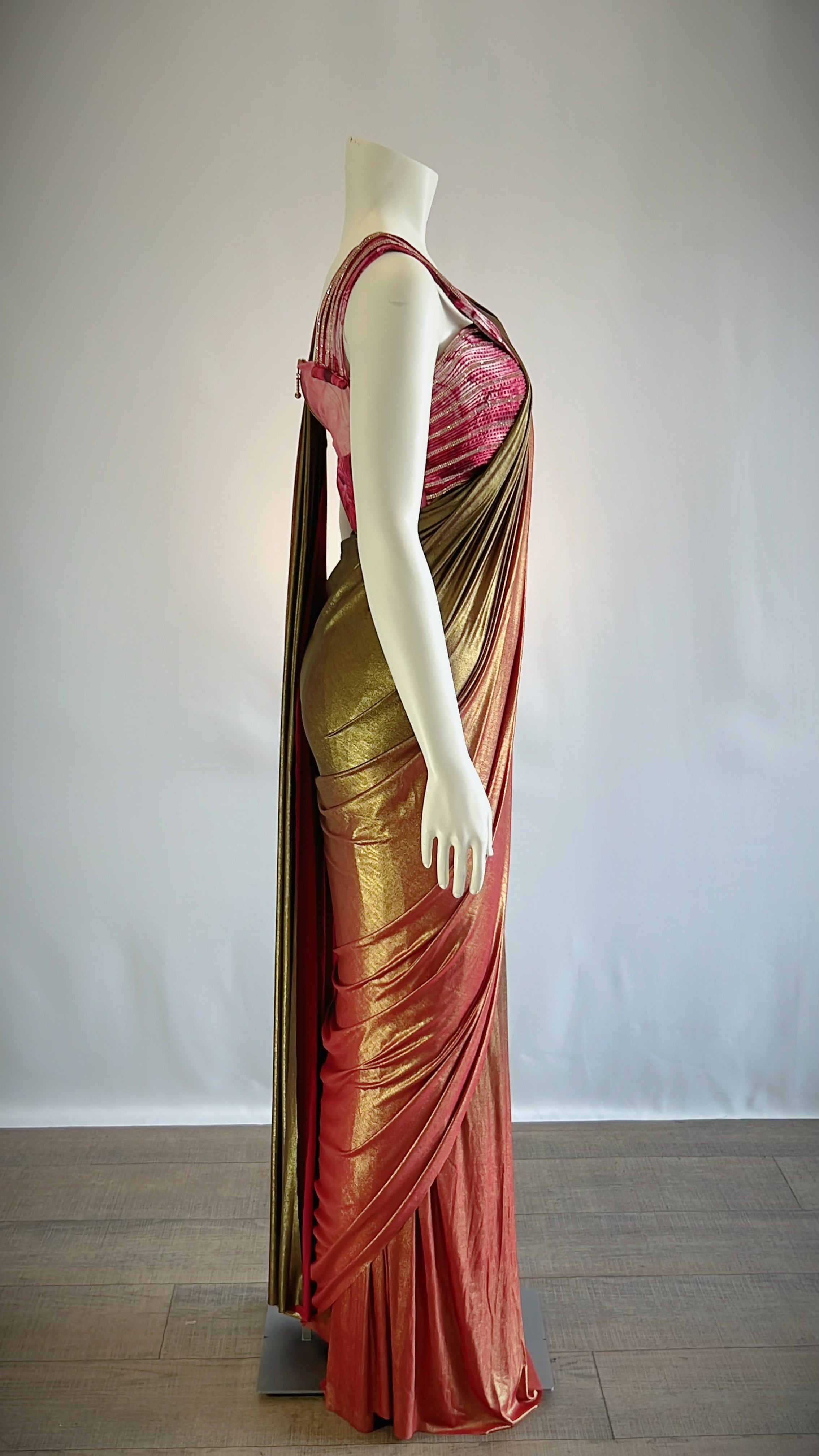 Burgundy and Olive Green Shaded Shimmer Lycra Ready-to-Wear Saree with Designer Blouse - Stunning Elegance for Fashion-Conscious Women | Shop Now
