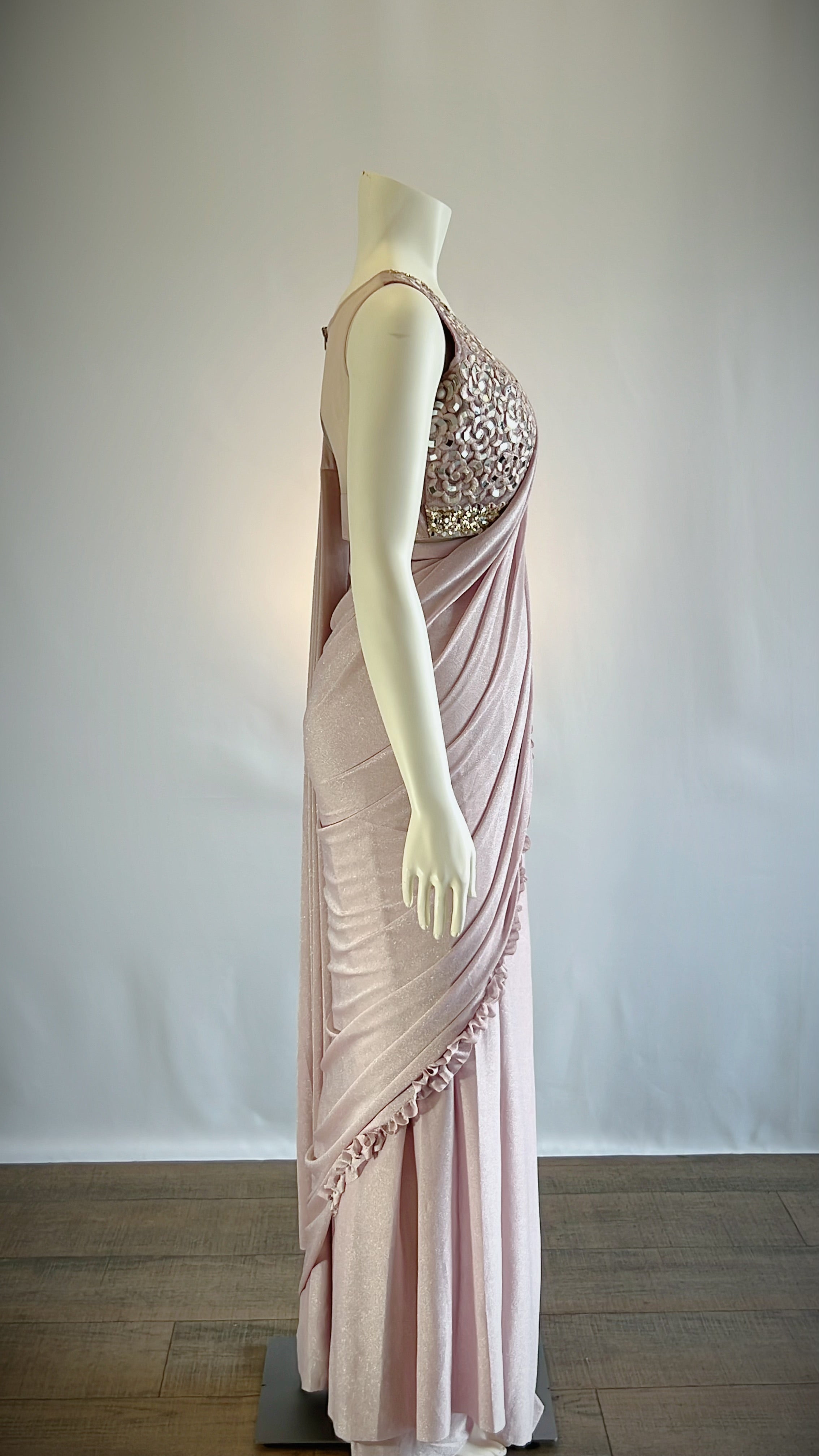 Dusty Rose Shimmer Lycra Crushed Silk Ready-to-Wear Saree with Designer Blouse - Elegant Fashion for the Modern Woman | Shop Now