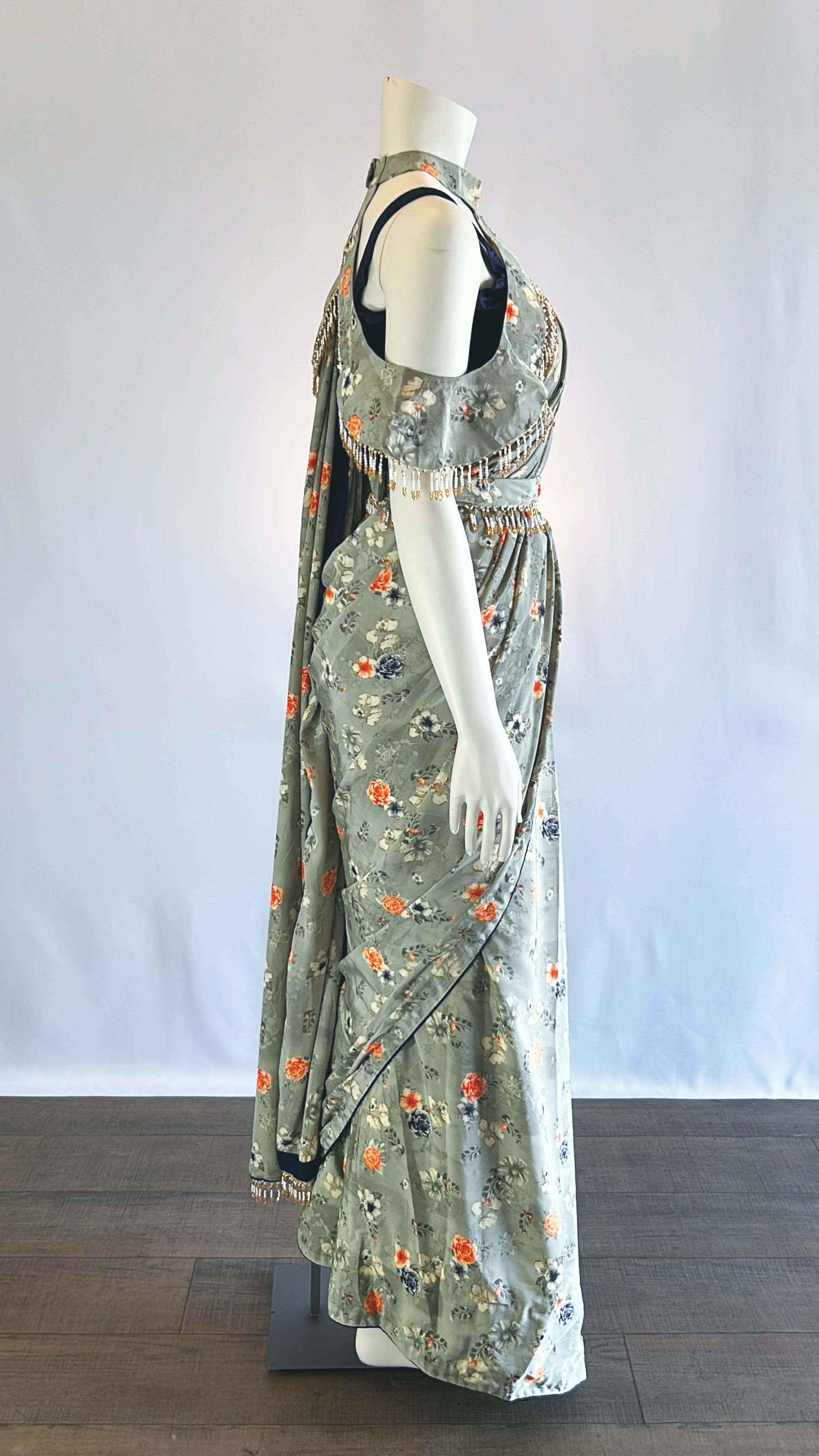 Gray Floral Print Satin Silk Pre-Stitched Saree with Cape and Designer Blouse - Elegant Fashion for Modern Women | Shop Now