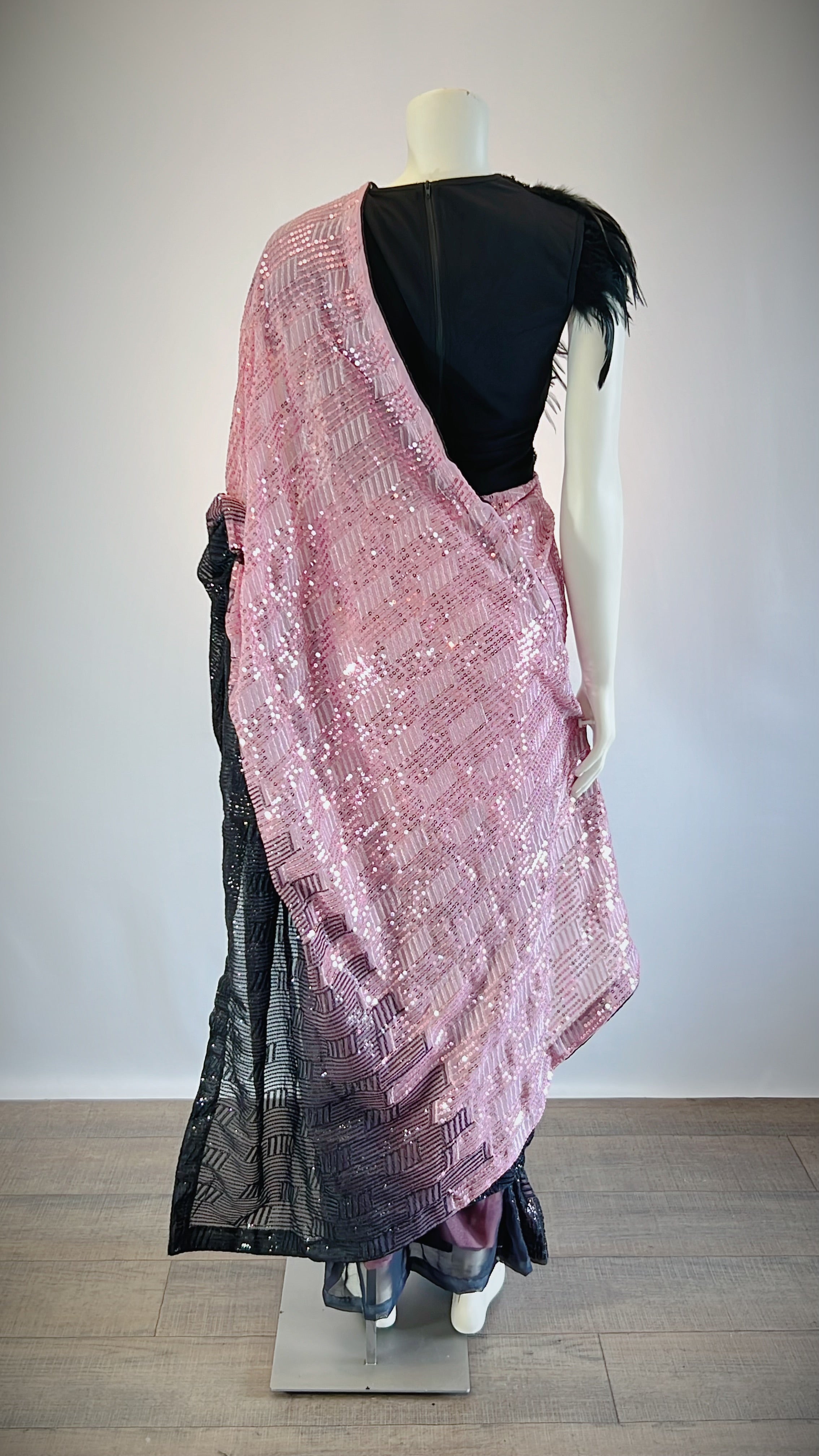 Black and Pink Sequins Georgette Pre-Stitched Saree with Designer Feather Blouse - Exquisite Fashion for Discerning Women | Buy Now