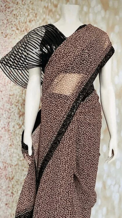 Chic Brown & Black Georgette Saree with Wing Blouse - Effortlessly Stylish Ready Pleated Ensemble for the Modern Woman