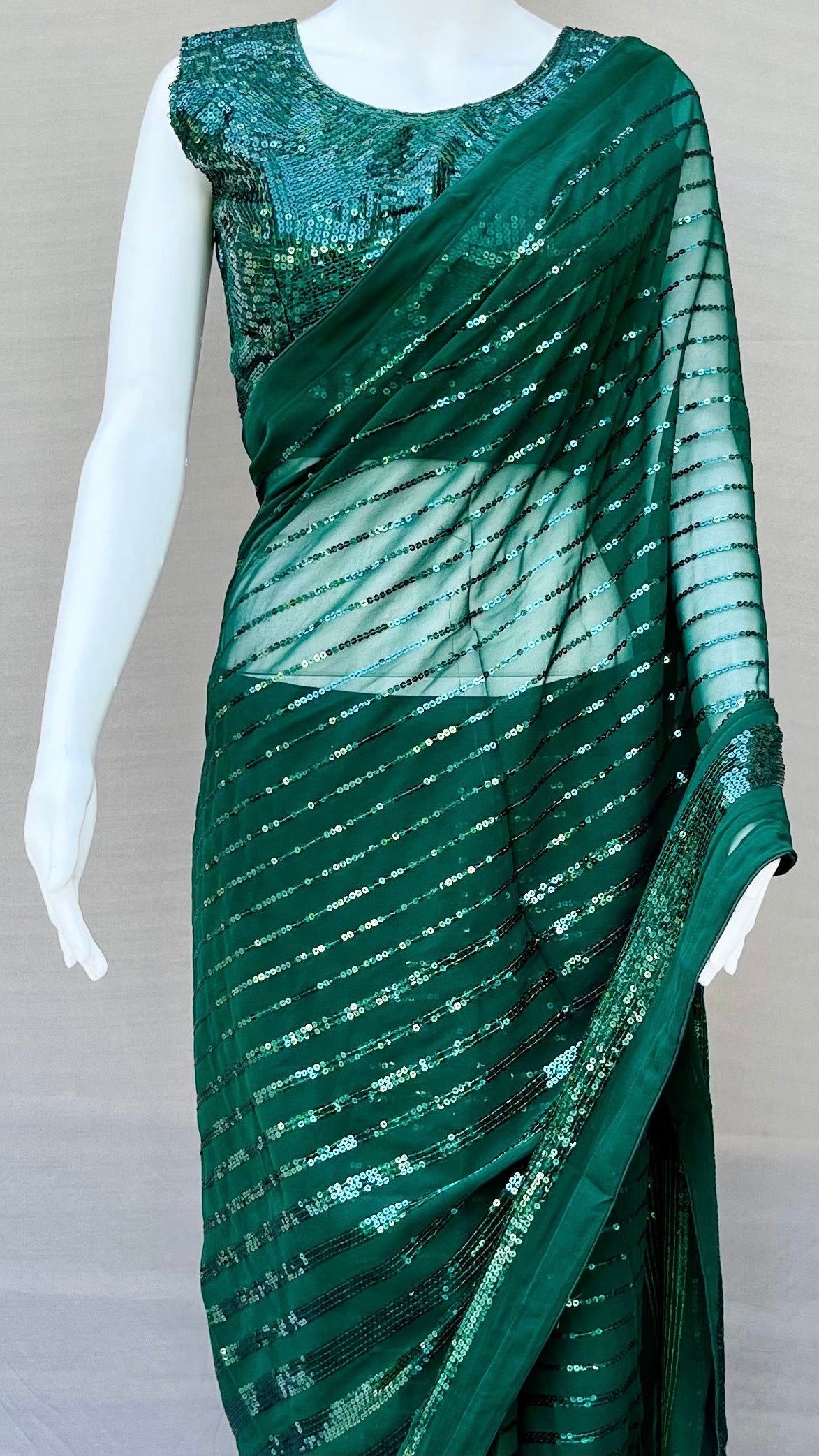 Enchanting Green Sequins Georgette Saree with Ready-to-Wear Blouse - Glamorous Style for the Modern Woman