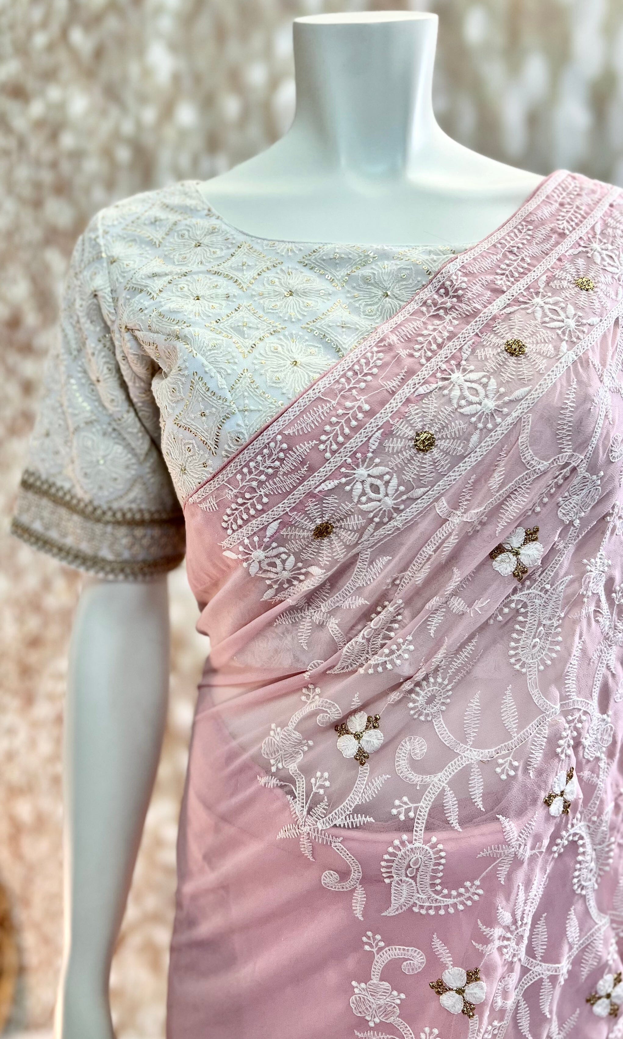 Pink Chikankari Pre-Pleated Saree and stitched blouse Swift Saree