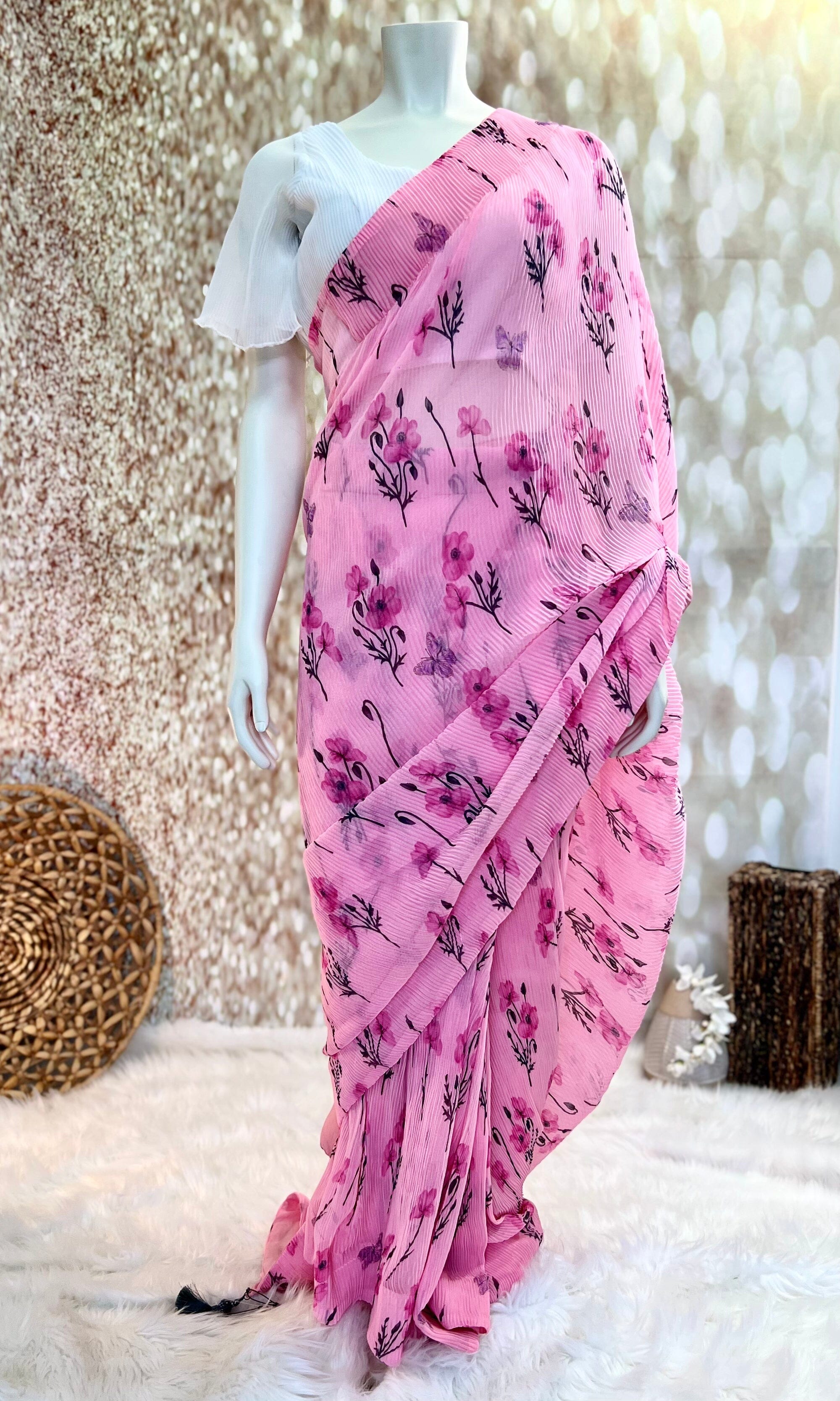 Pink Crush Georgette Saree with Stitched Blouse Swift Saree