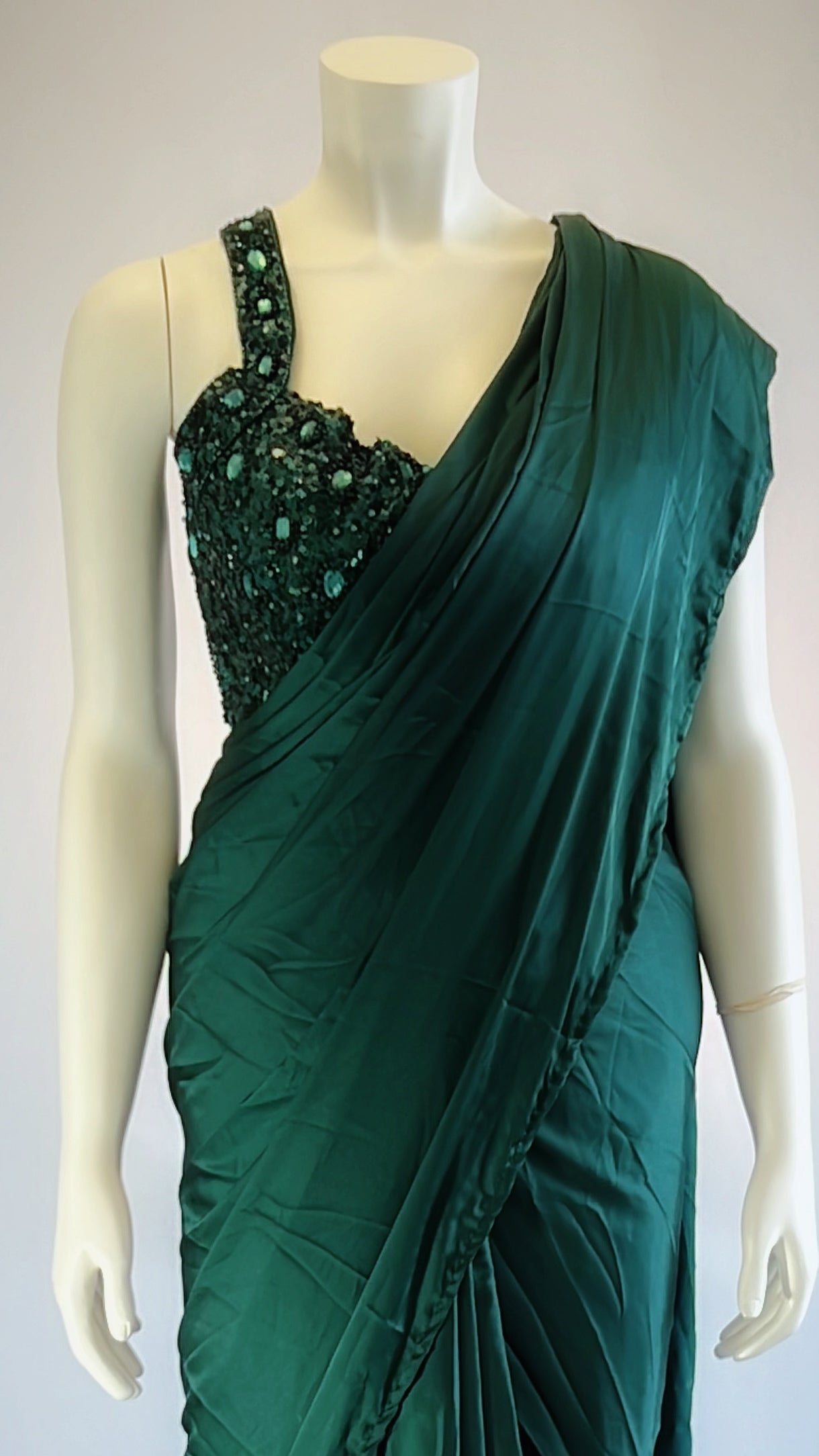Teal Satin Silk Pre-Draped Saree with Designer Blouse - Elegant and Stylish | Shop Now for Exquisite Fashion