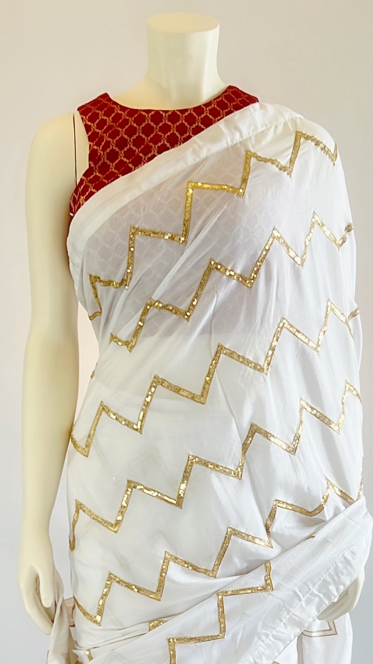 Exquisite Pre-stitched White Sequins Georgette Saree with Red Designer Blouse