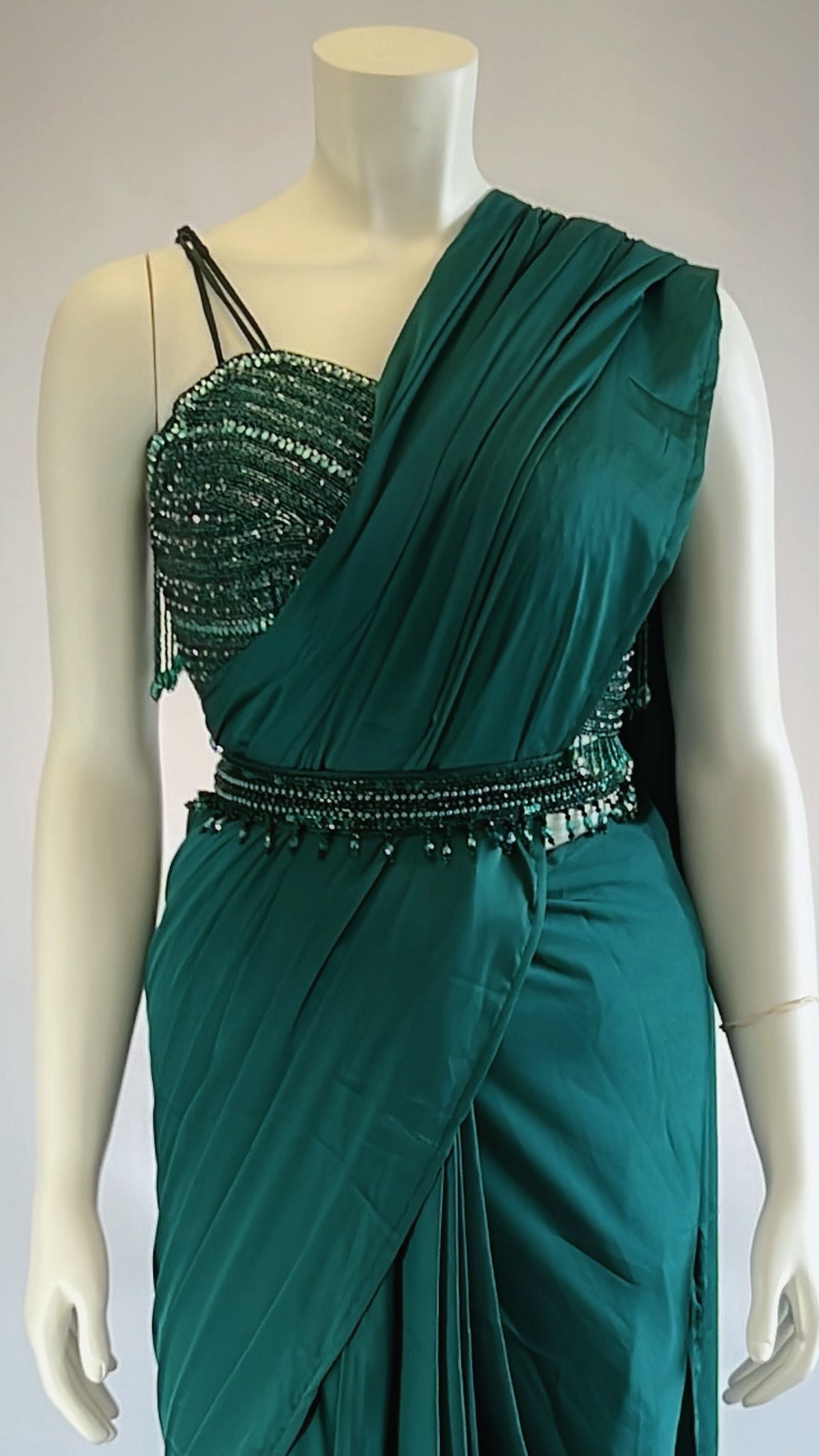 Stunning Teal Satin Silk Pre-Draped Saree with Designer Blouse - Exquisite Elegance for Fashionable Women | Shop Now