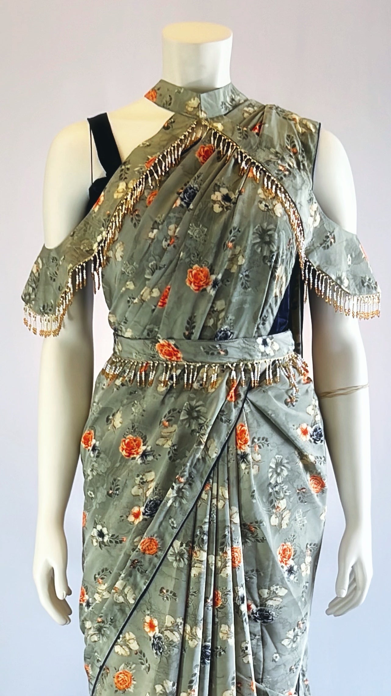 Gray Floral Print Satin Silk Pre-Stitched Saree with Cape and Designer Blouse - Elegant Fashion for Modern Women | Shop Now