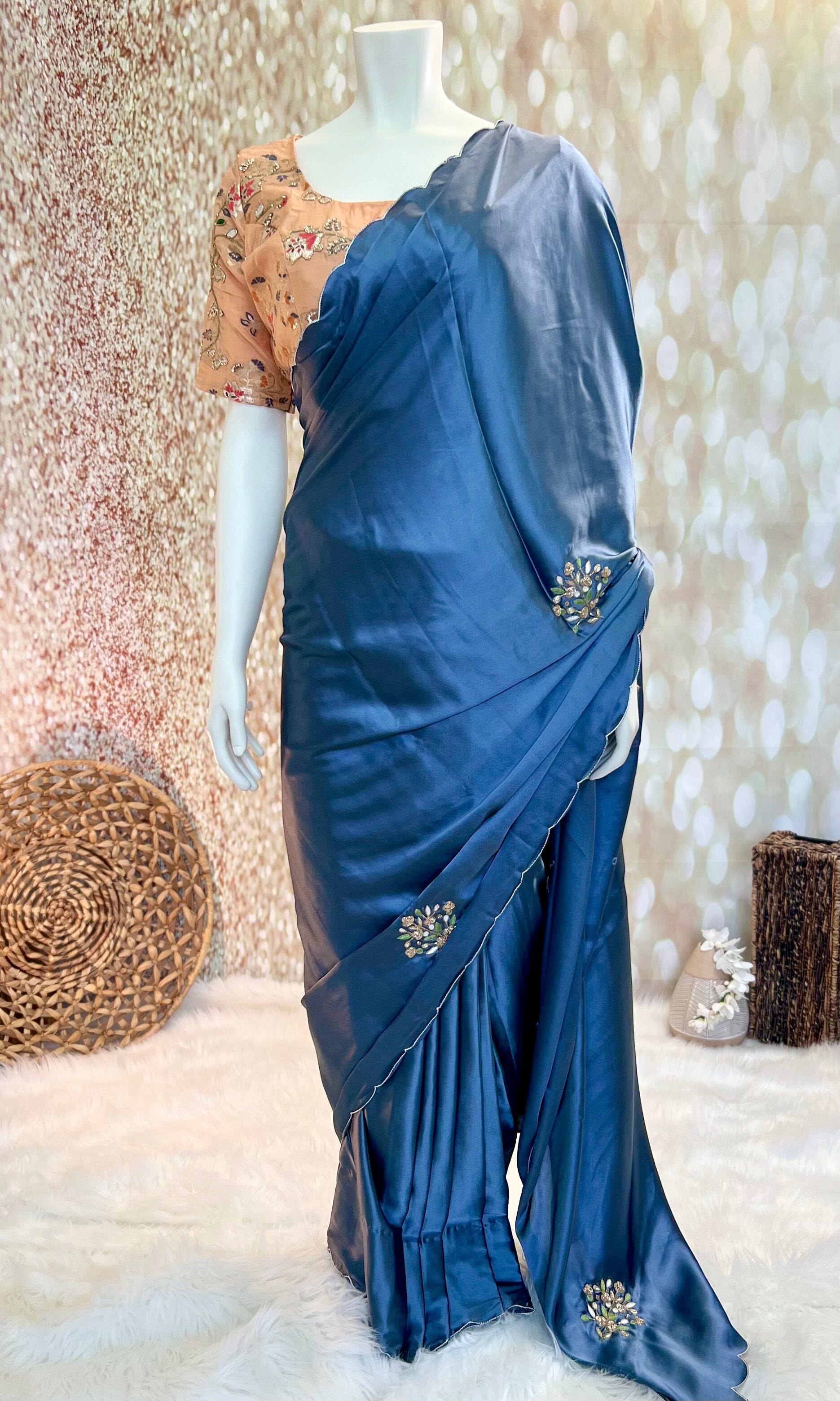 Steel Grey Georgette Pre-Pleated Saree and readymade blouse Swift Saree