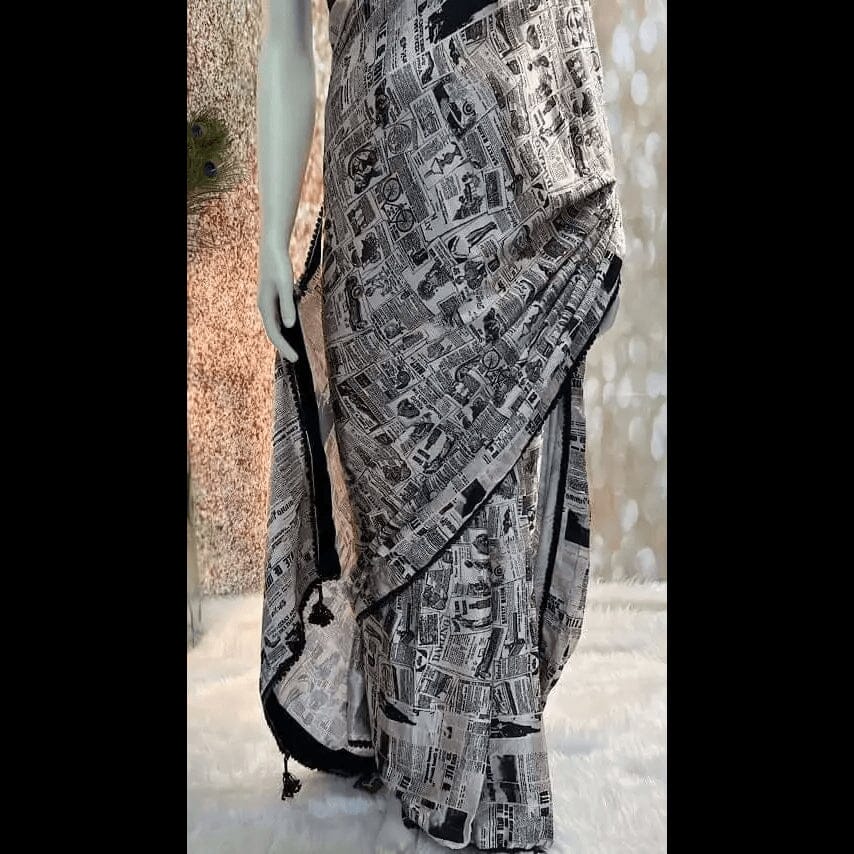Trendy Digital Newspaper Print Saree With Contrast Red Blouses Swift Saree