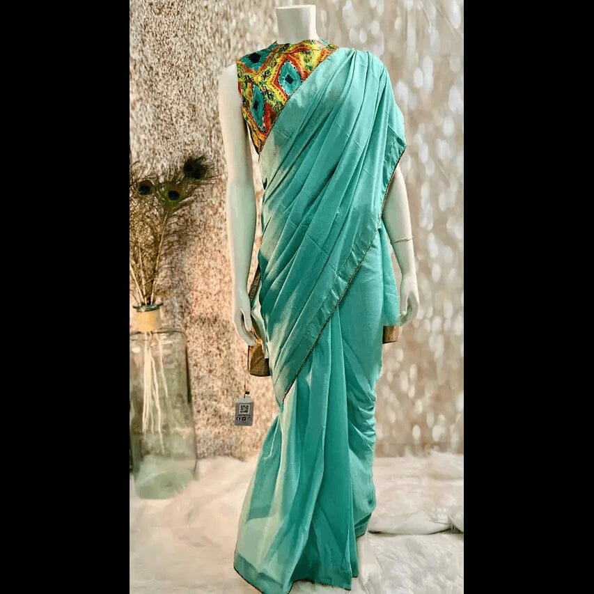 Turquoise Georgette Saree and Stitched Blouse Combo Swift Saree